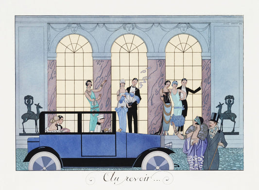 Illustration of a vintage car with people in formal attire in front of a classical building.