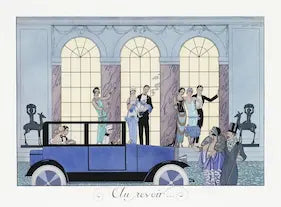 Vintage illustration of a 1920s party, with an open-top car with a chauffeur, set against a light blue background.