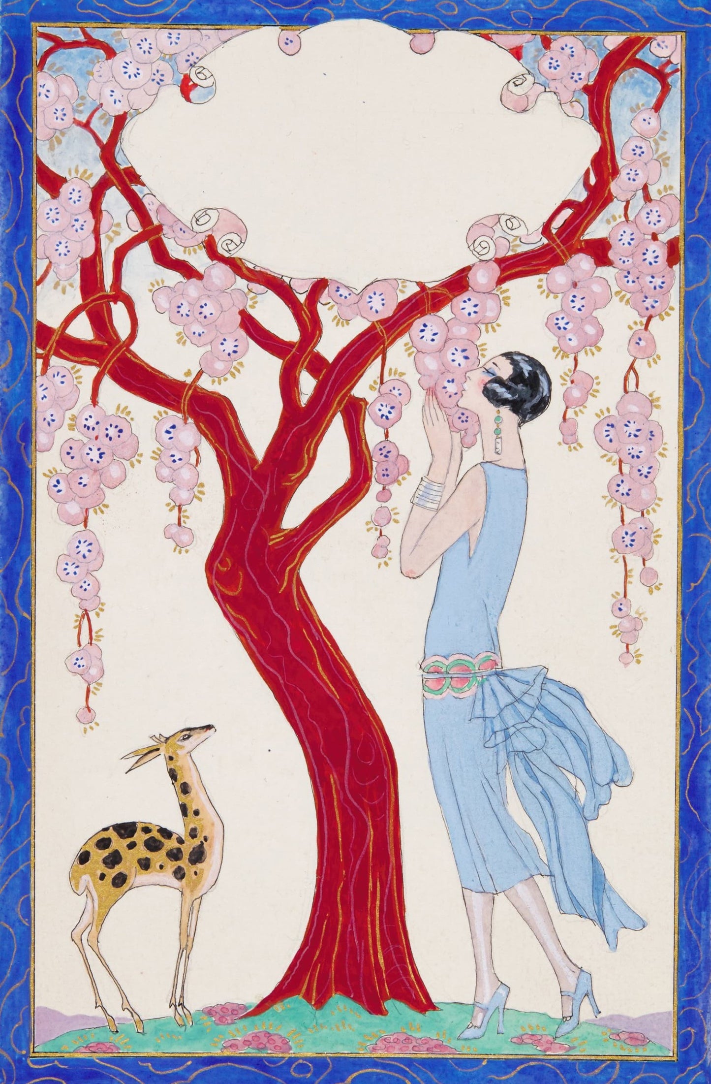 Artistic depiction of a woman in a blue dress standing next to a red tree with pink flowers and a deer.