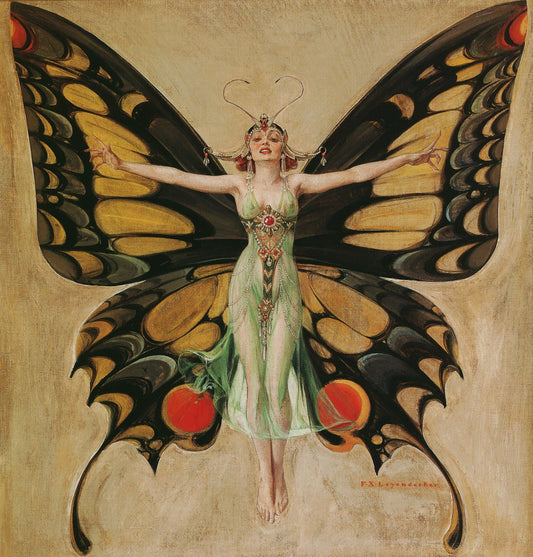 Artistic depiction of a woman with butterfly wings on a beige background