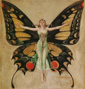 Artistic depiction of a woman with butterfly wings on a textured beige background