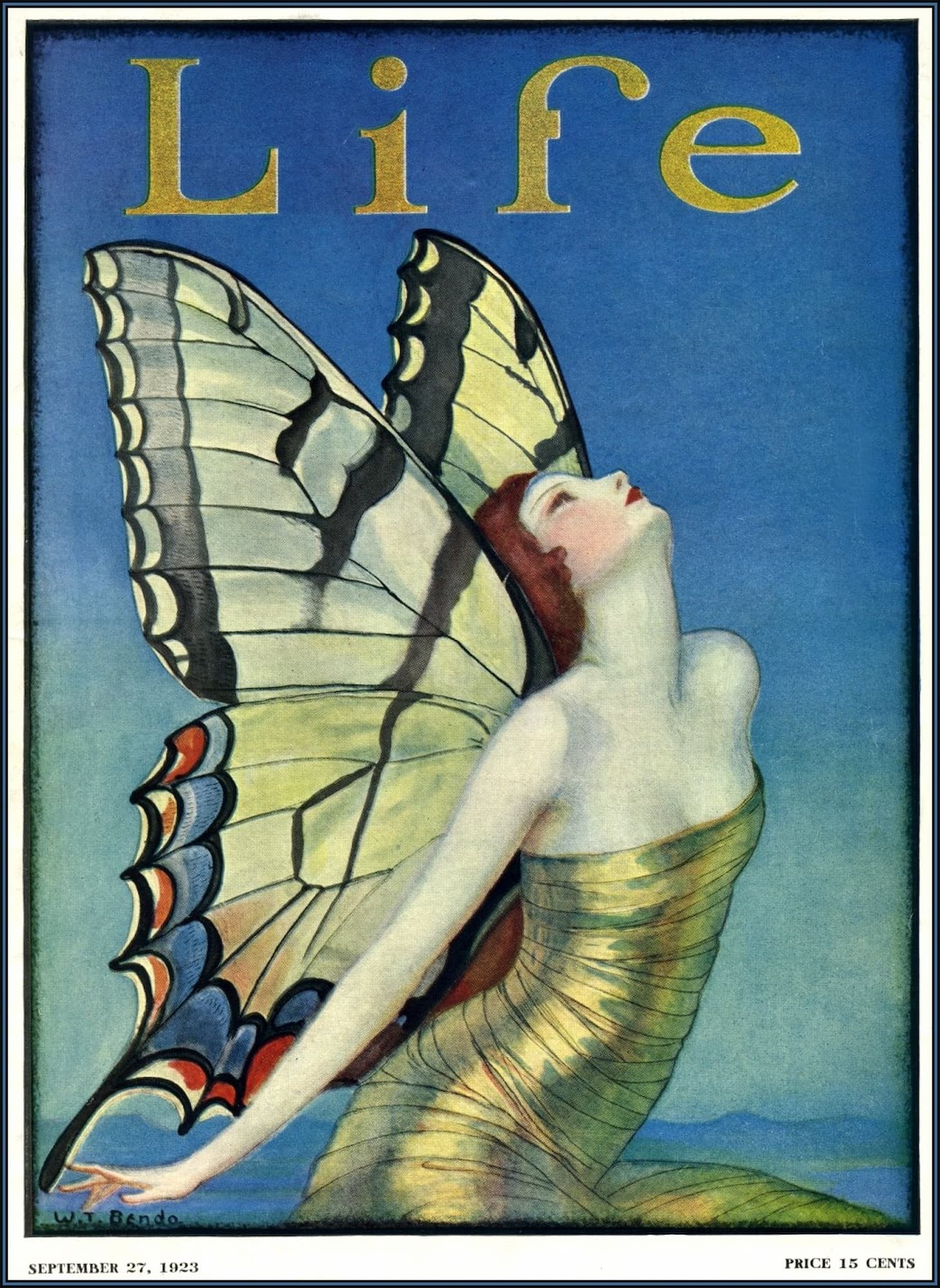 Vintage magazine cover with a woman merged with butterfly wings, titled 'Life'.