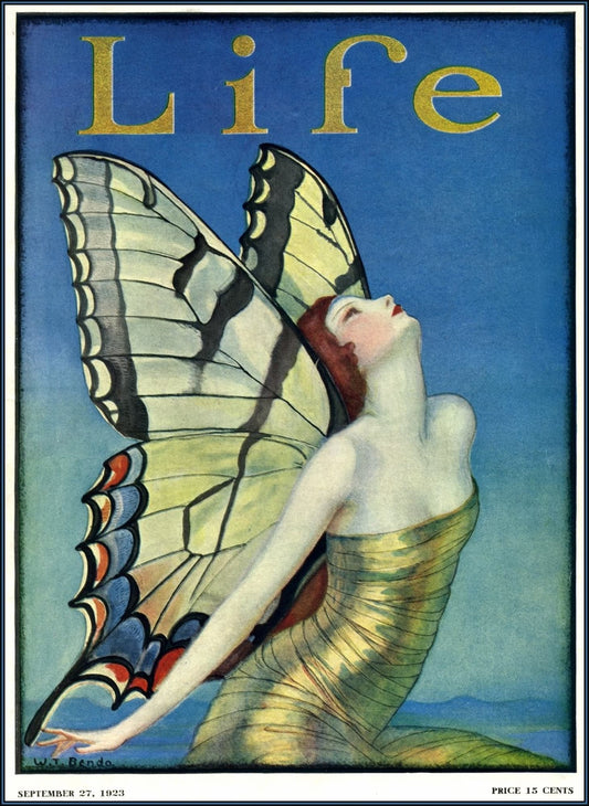 Vintage magazine cover with a woman merged with butterfly wings, titled 'Life'.