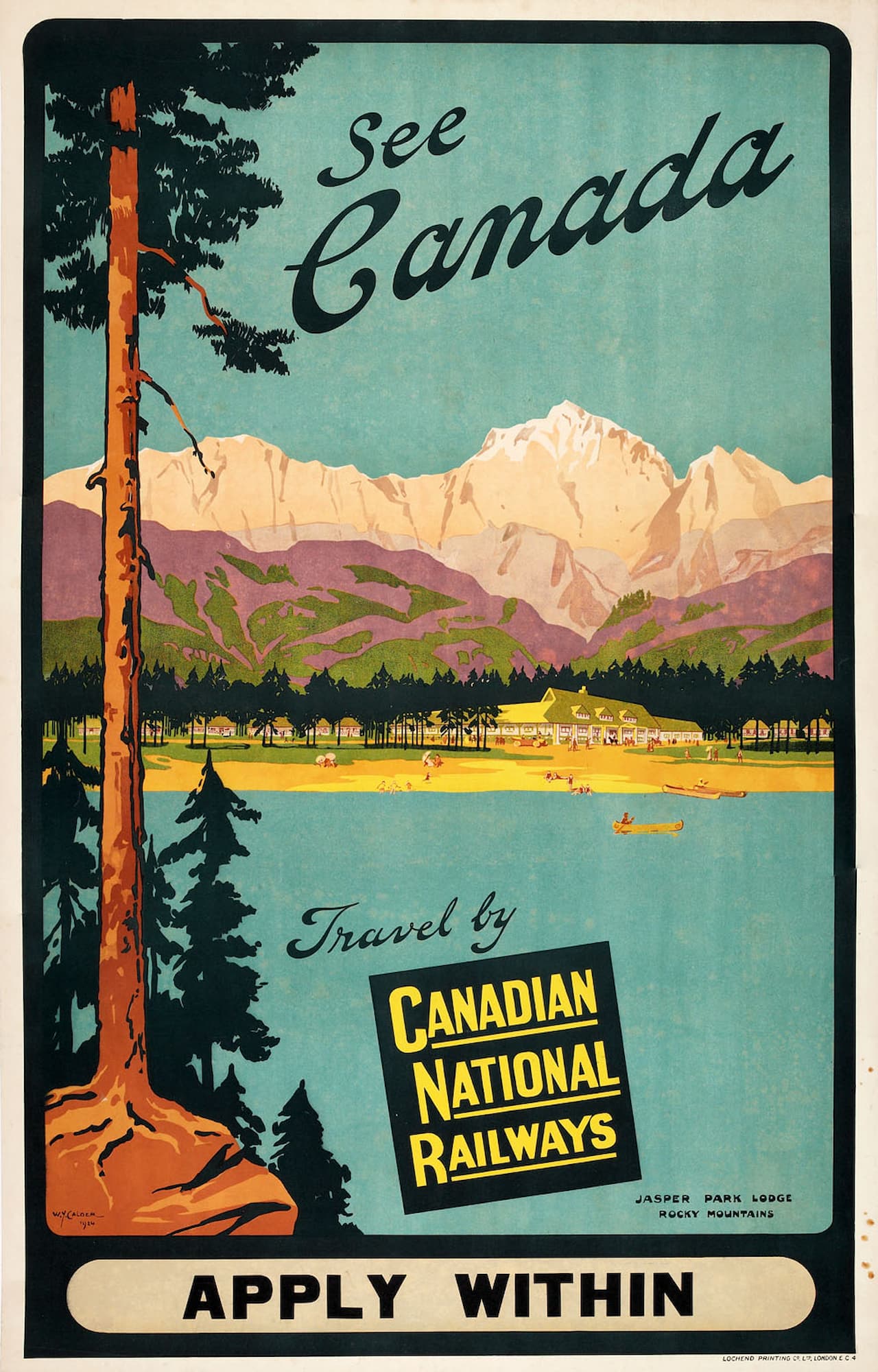 Vintage-style travel poster for Canadian National Railways with a scenic view of mountains and lake.