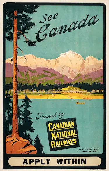 Vintage-style travel poster for Canadian National Railways with mountains and lake.