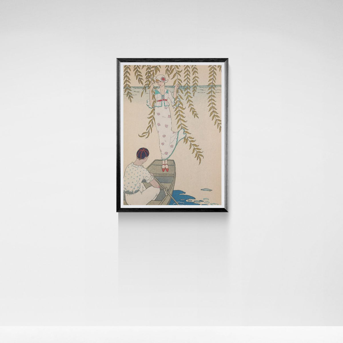 Framed artwork of a traditional art deco vintage print on a white wall