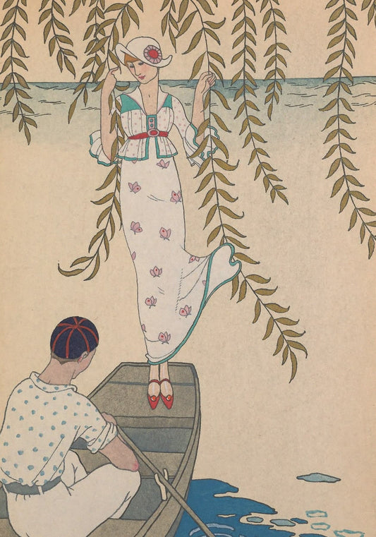 High-quality Giclée reproduction of George Barbier's Art Deco illustration 'An Afternoon on the Water,' depicting an elegantly dressed woman standing in a rowboat as a man rows beneath a weeping willow tree, vintage 1920s.