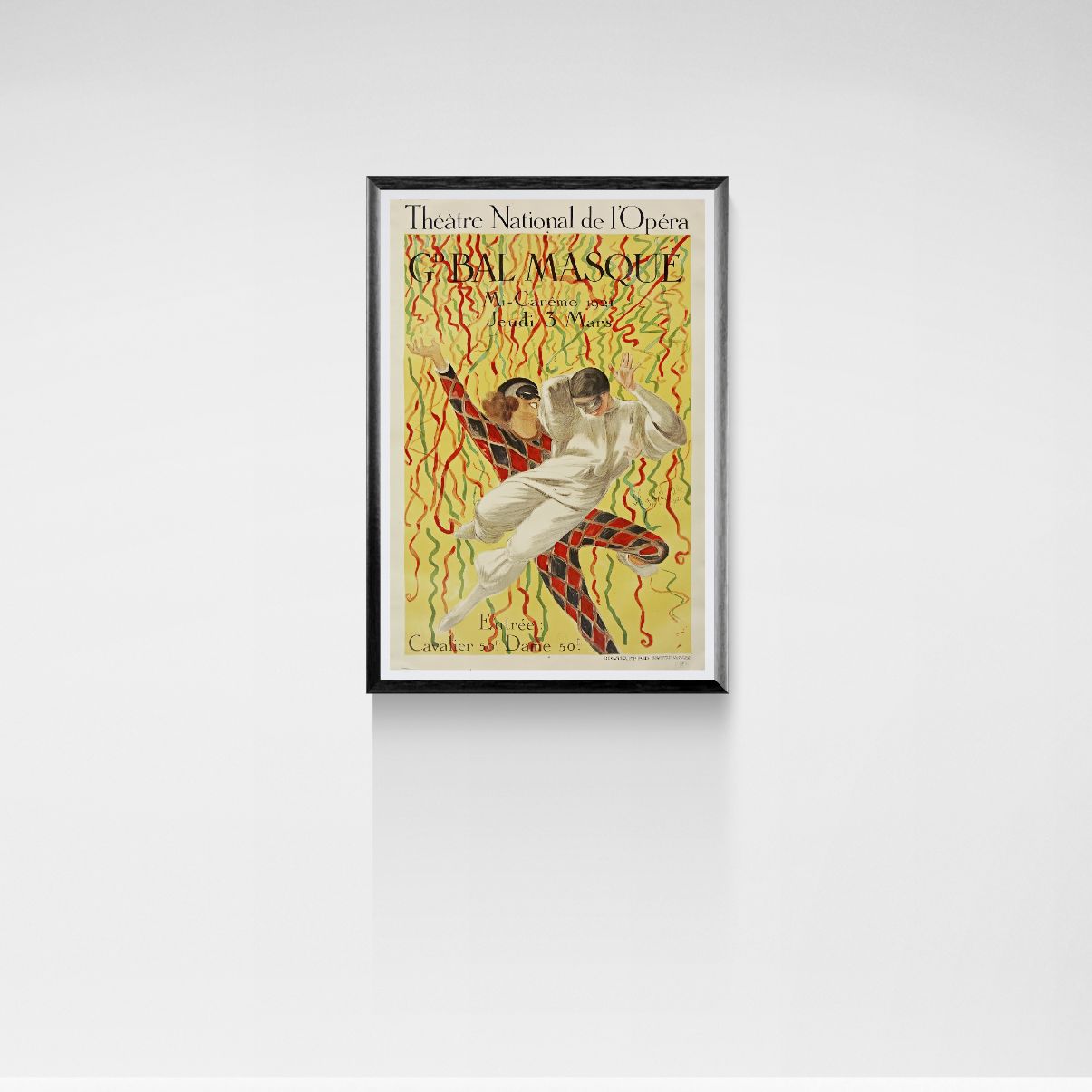Framed poster of a dancer and a woman in a red dress on a white wall