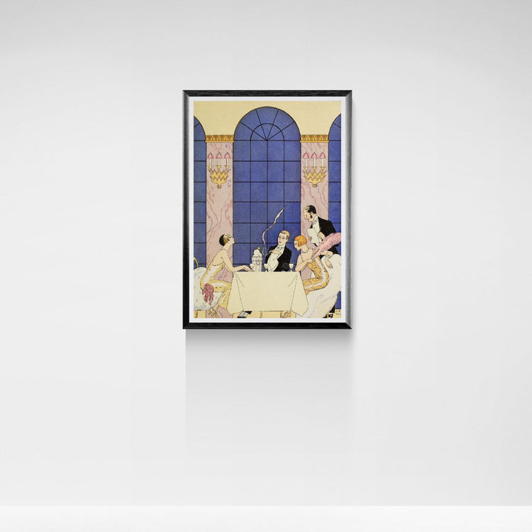Framed artwork of a classical scene with people at a table against a decorative wall.