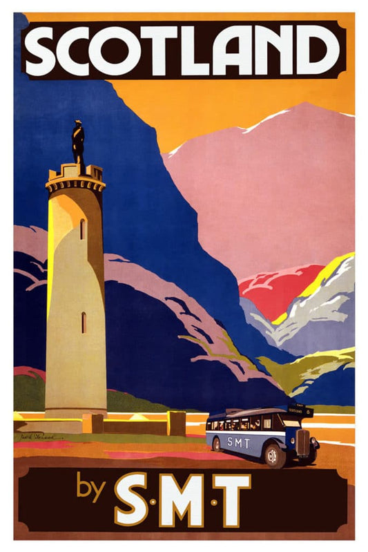 High-quality Giclée reproduction of a 1930s travel poster, showing a tower and an SMT bus in the Scottish Highlands against a colorful sky, Art Deco style.
