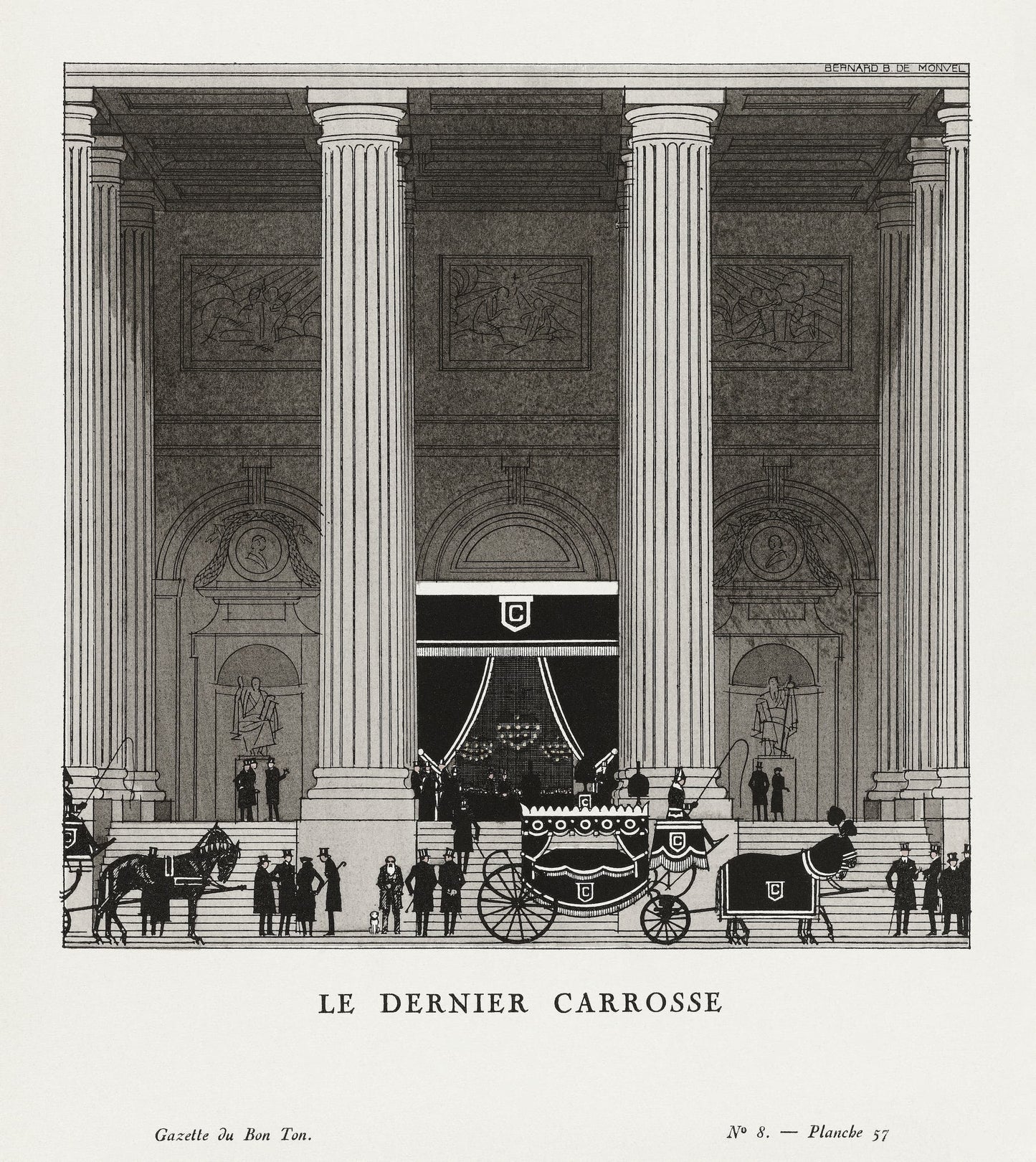 Vintage illustration of a grand interior with classical architecture and a horse-drawn carriage.