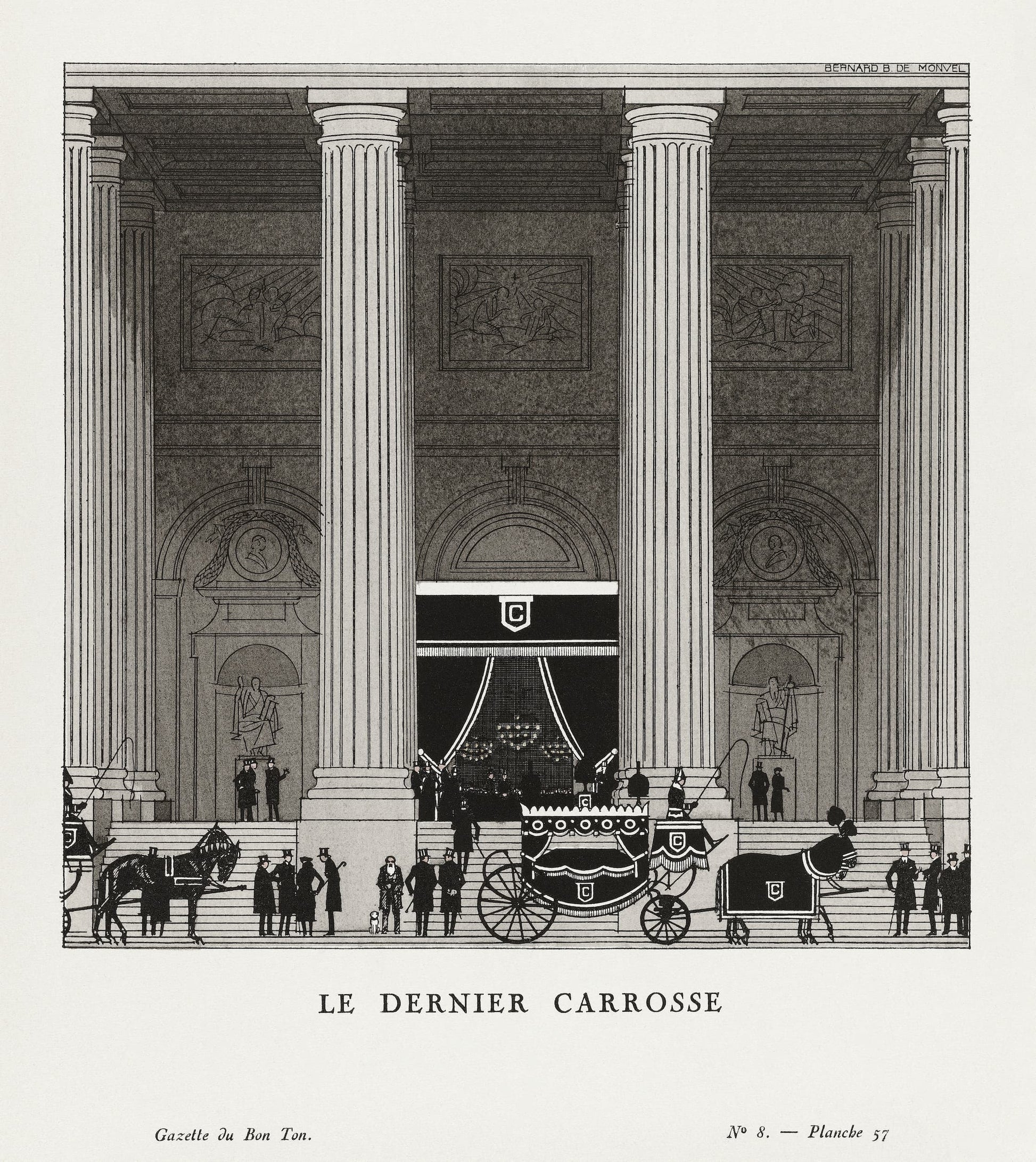 Vintage illustration of a grand interior with classical architecture and a horse-drawn carriage.