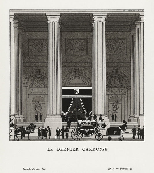 Vintage illustration of a grand interior with classical architecture and a horse-drawn carriage.