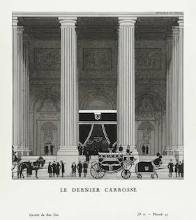 Vintage illustration of a grand interior with classical architecture and people around carriages.