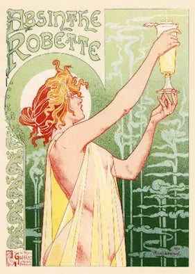 Vintage Absinthe Robette advertisement with a woman holding a glass of absinthe.