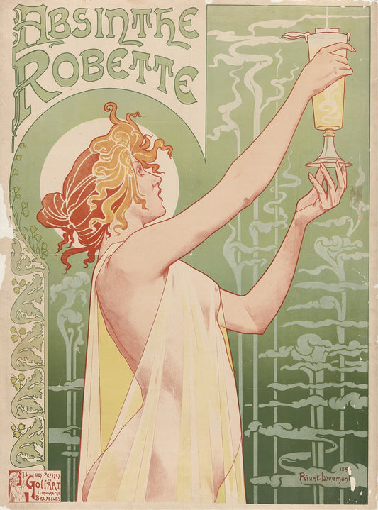 Art Nouveau poster advertisement for Absinthe Robette featuring a woman holding a glass with a green background.
