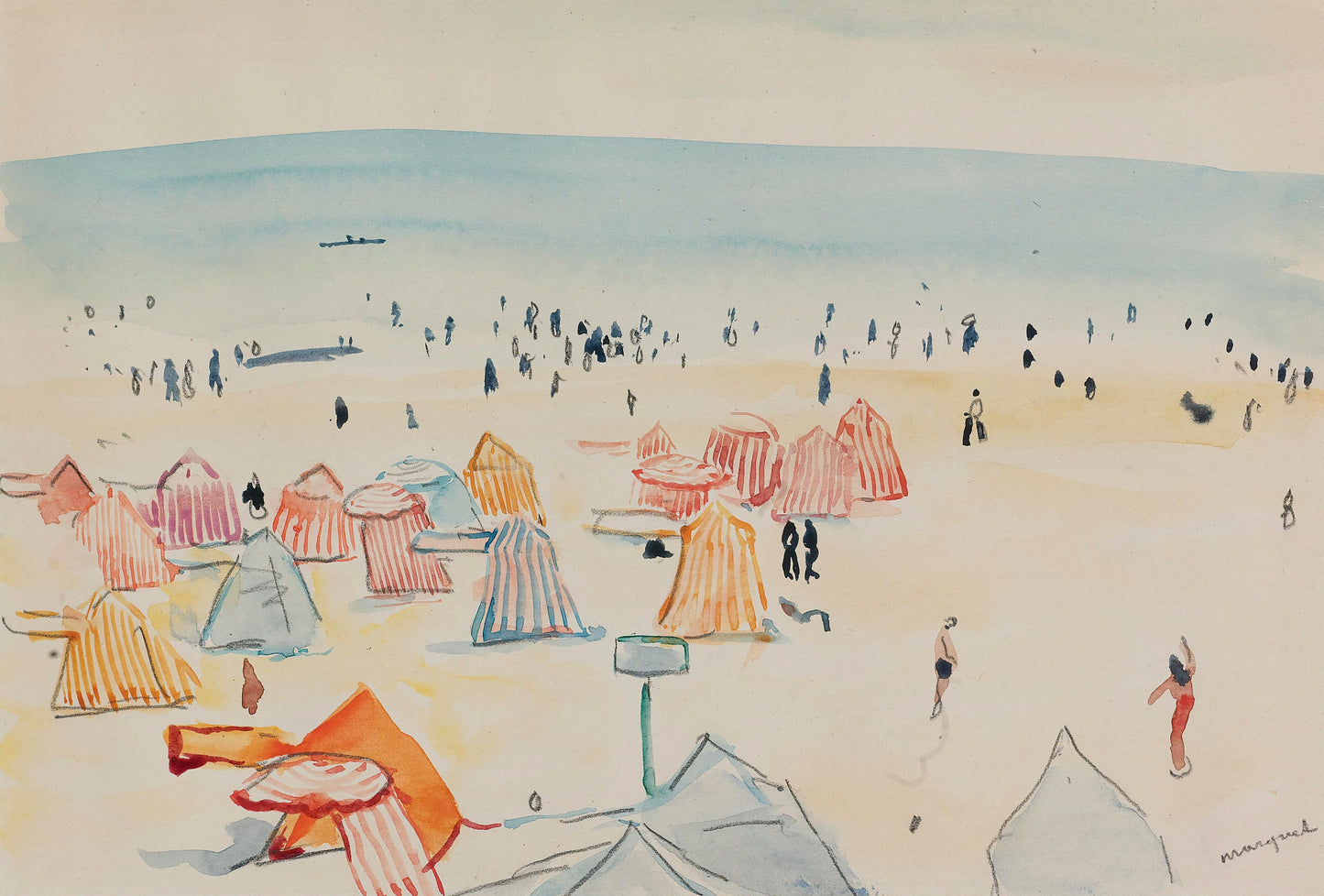 Artistic depiction of a beach scene with colorful huts and people.