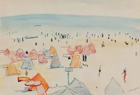 Artistic depiction of beach huts and people on a sandy beach with a blue sky.