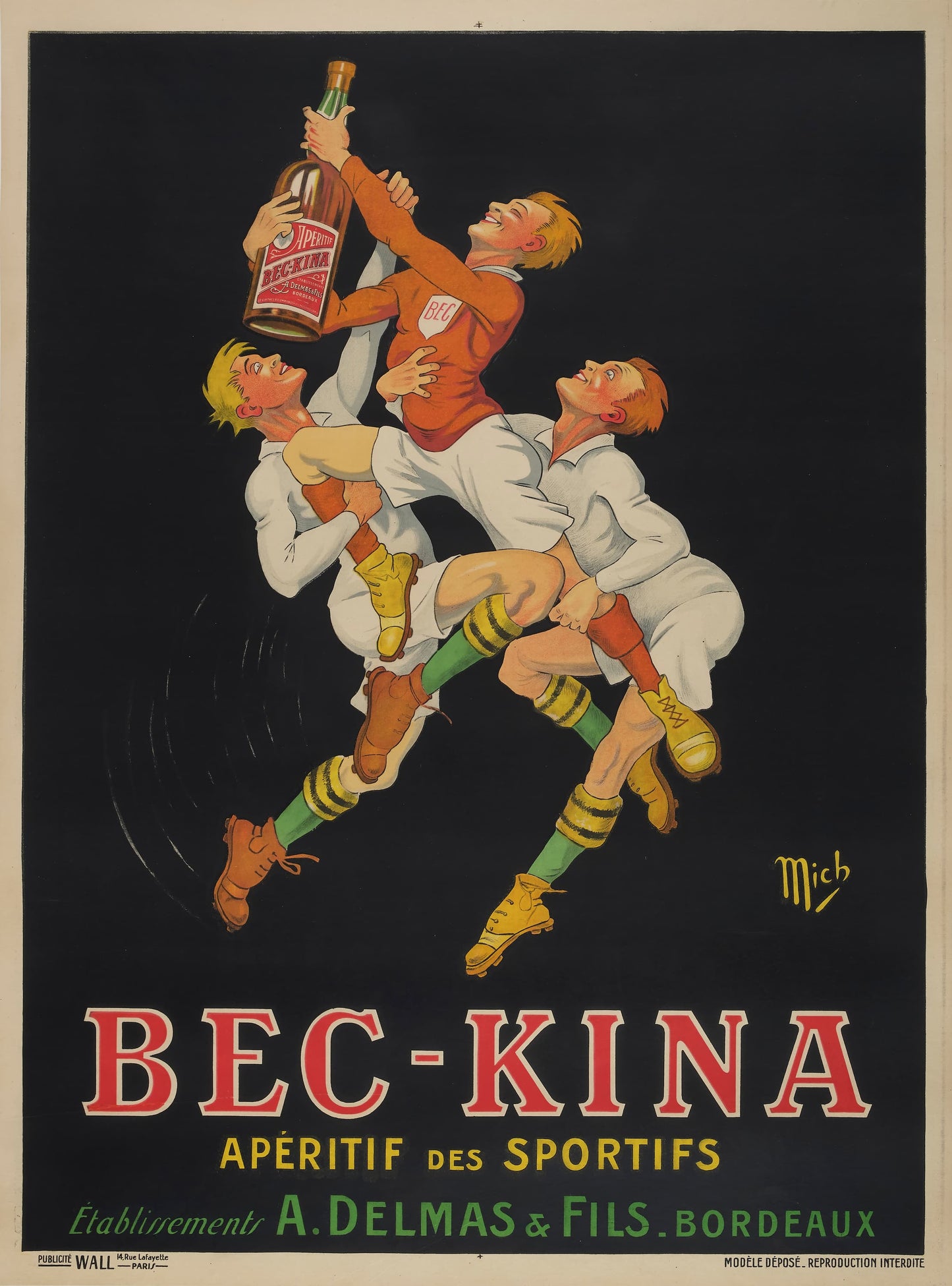 Vintage advertisement poster for Bec-Kina apéritif des sportifs featuring three athletes in mid-air.