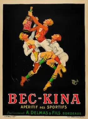 Vintage advertisement poster for Bec-Kina aperitif, featuring three athletes in action poses.