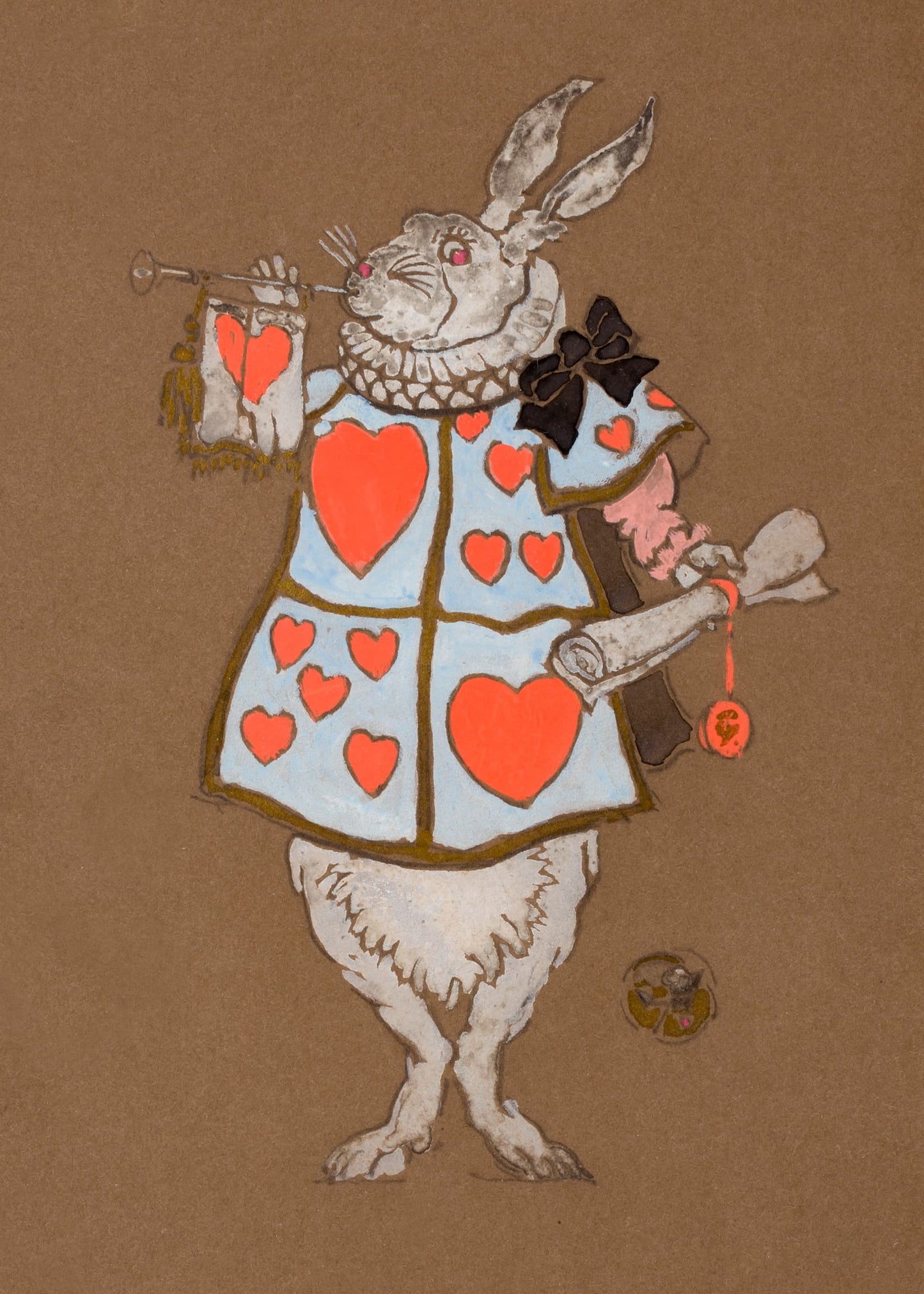 White rabbit from Alice in Wonderland with heart-themed outfit on a brown background