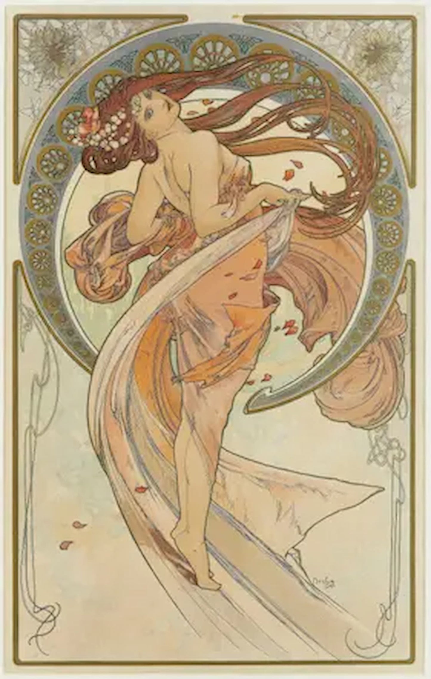 Art Nouveau style illustration of a woman with flowing hair and a decorative frame.