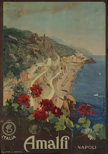 Vintage-style poster of Amalfi Coast with scenic view and flowers.