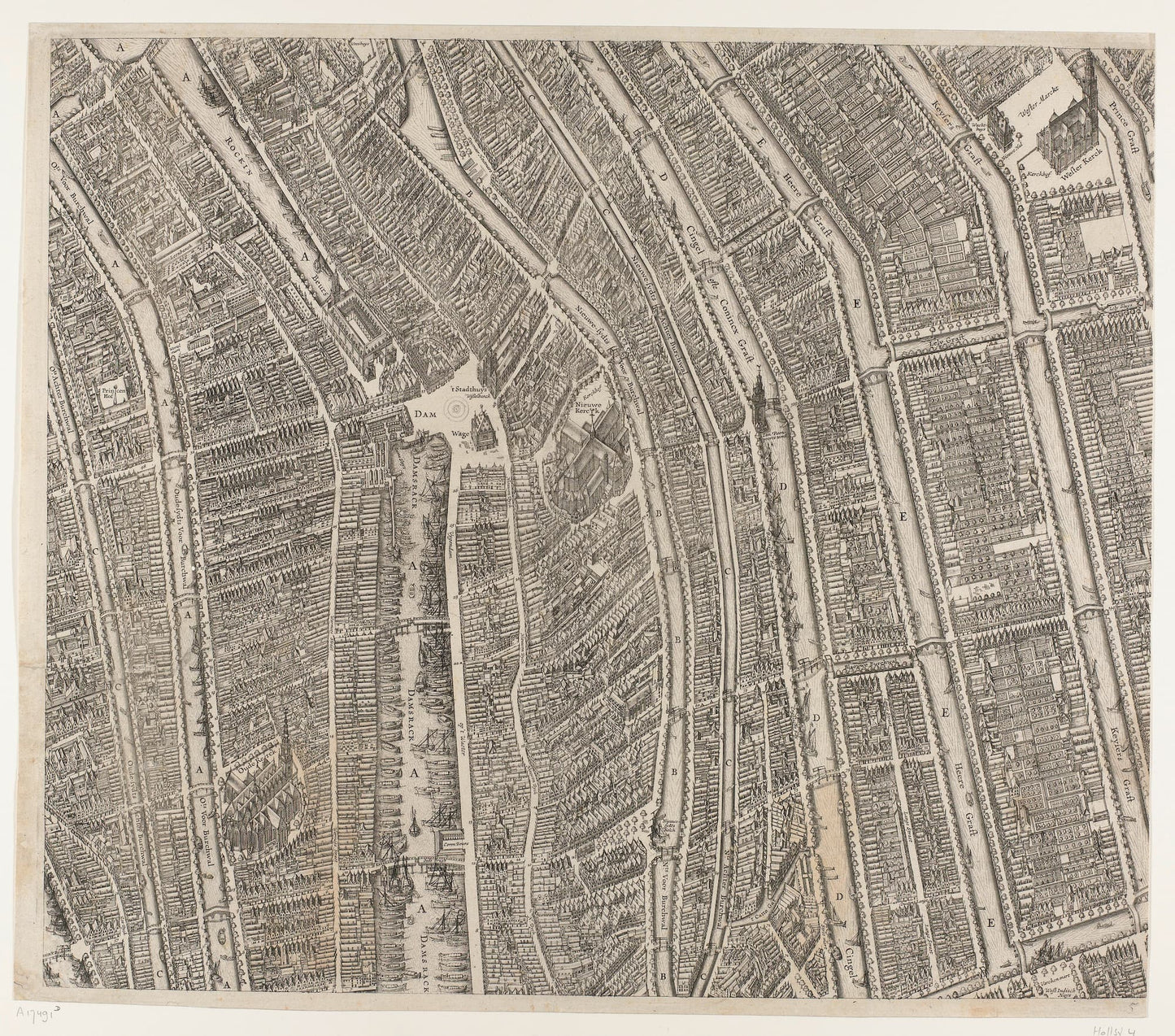 A black and white topographic map of a city layout with roads and waterways.