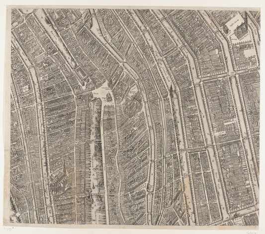 A black and white topographic map of a city layout with roads and waterways.