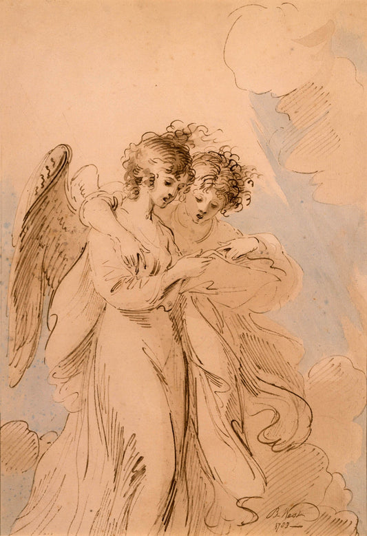 Artistic depiction of two figures with wings against a textured beige background