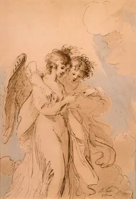 Artistic depiction of two figures with wings against a textured beige background