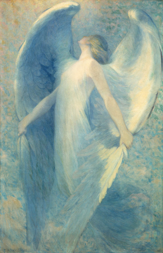Painting of an angel with outstretched wings on a textured background