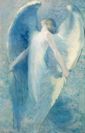 Artistic depiction of an angel with outstretched wings on a light blue background