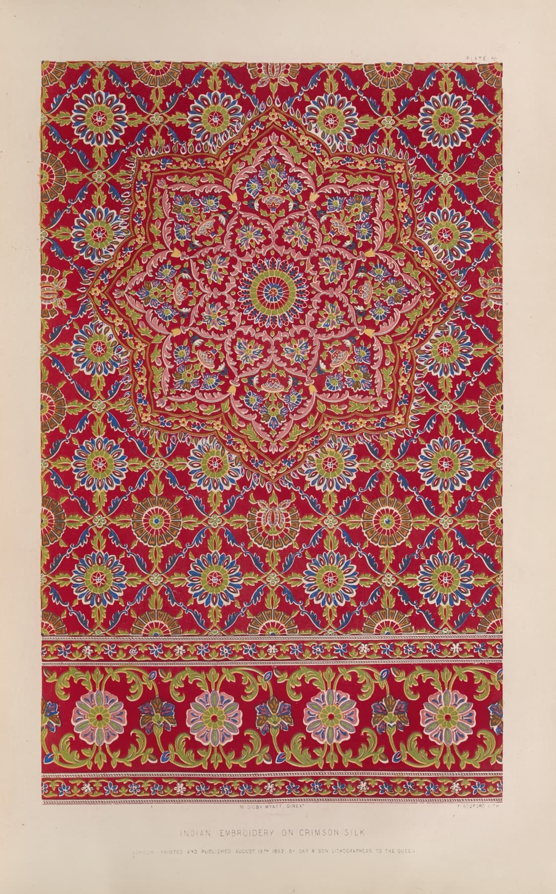 Colorful patterned fabric with intricate design on a beige background