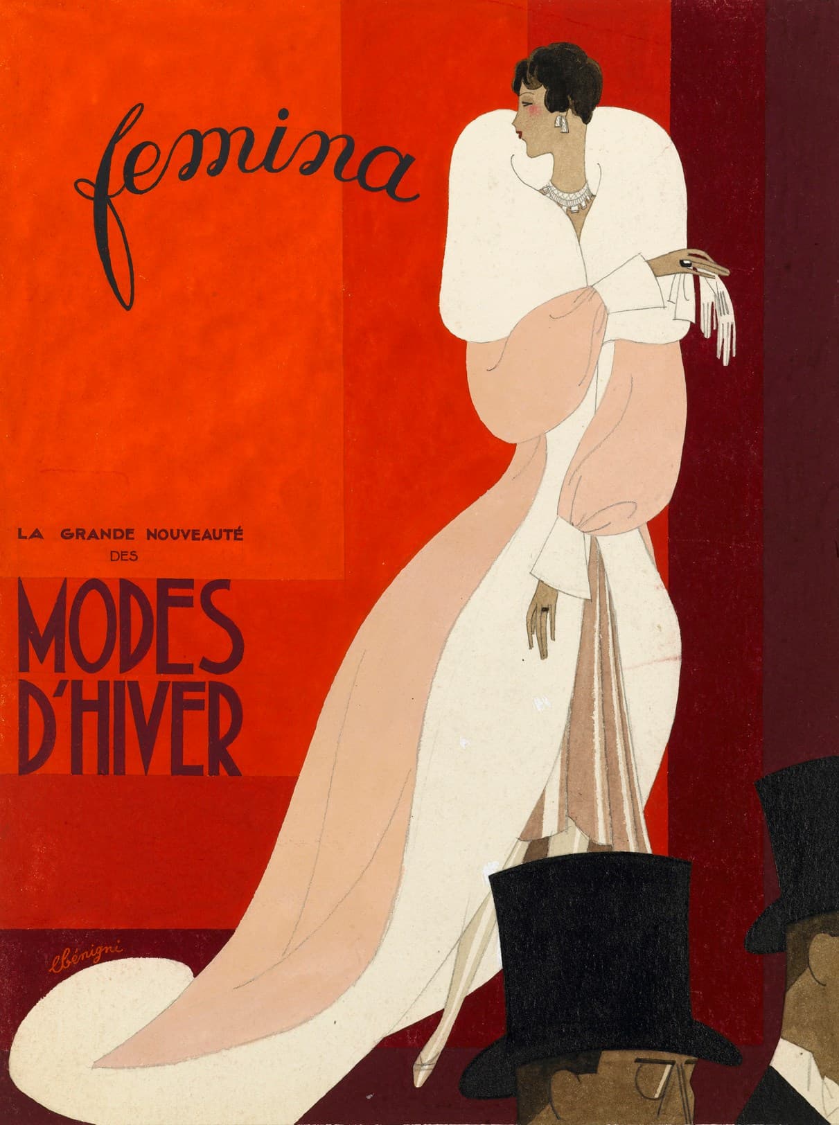 Vintage magazine cover with a woman in a white dress against a red background, featuring the word 'femina'.