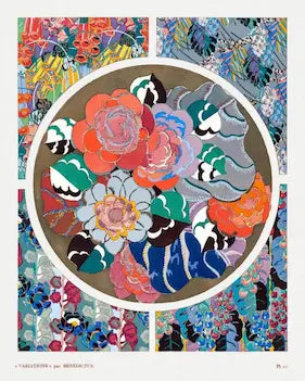 Colorful floral design with a circular frame on a patterned background