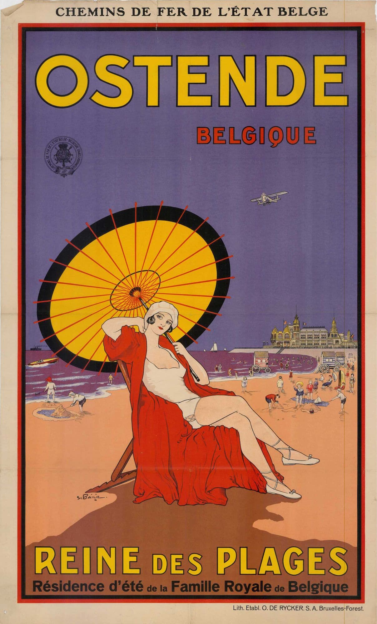 Vintage travel poster for Ostende, Belgium featuring a woman in a red dress on a beach.