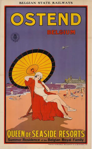 Vintage travel poster for Ostend, Belgium featuring a woman on a beach with a large sun umbrella.