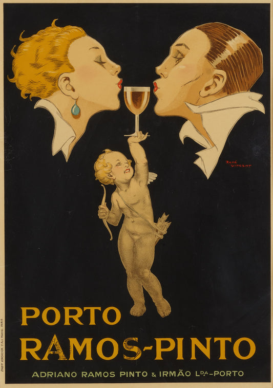 Vintage advertisement poster for Porto Ramos-Pinto featuring a couple kissing and a cherub with a glass of wine.