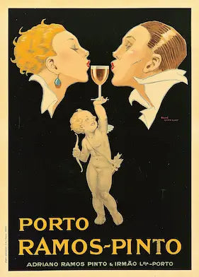 Vintage advertisement for Porto Ramos Pinto featuring a couple and a cherub holding a glass.