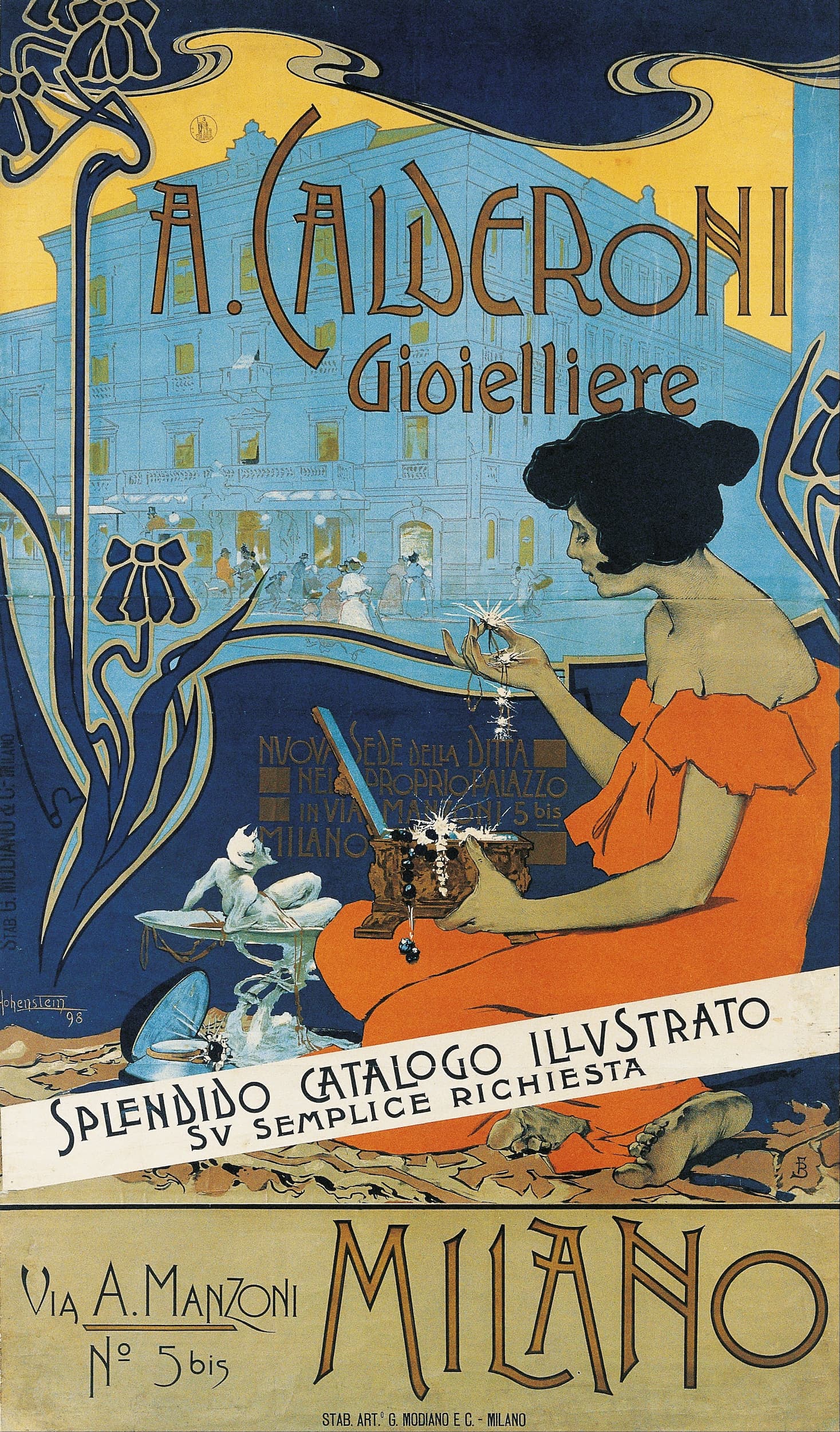 Vintage advertisement poster for A. Calderoni Gioielliere with a woman in an orange dress holding jewelry.