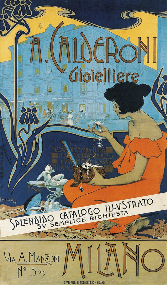 Vintage advertisement poster for A. Calderoni Gioielliere with a woman in an orange dress holding jewelry.