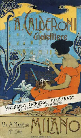 Art Nouveau-style advertisement for A. Calderoni Gioielliere with a woman in an orange dress holding a cigarette.
