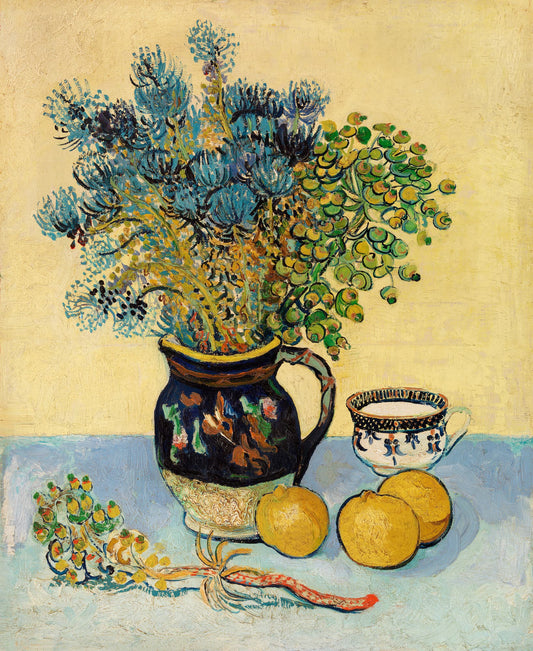 Still life painting with flowers, lemons, and a teacup on a light background