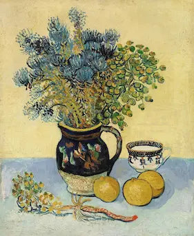 Still life painting with flowers, a vase, and fruits on a table.