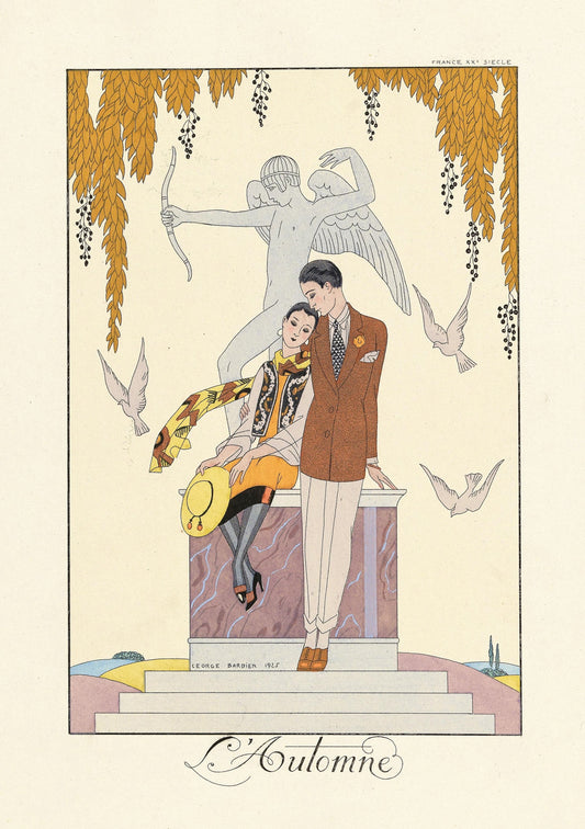Artistic illustration of a couple in formal attire with classical statues and decorative elements.