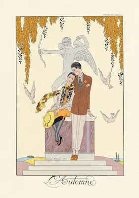 Artistic illustration of a couple in formal attire with classical statues and decorative elements.