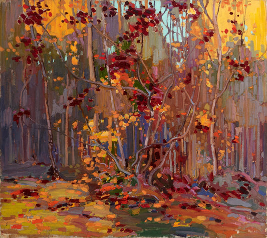 Painting of a forest scene with autumn colors