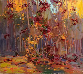 Painting of a forest scene with autumn colors