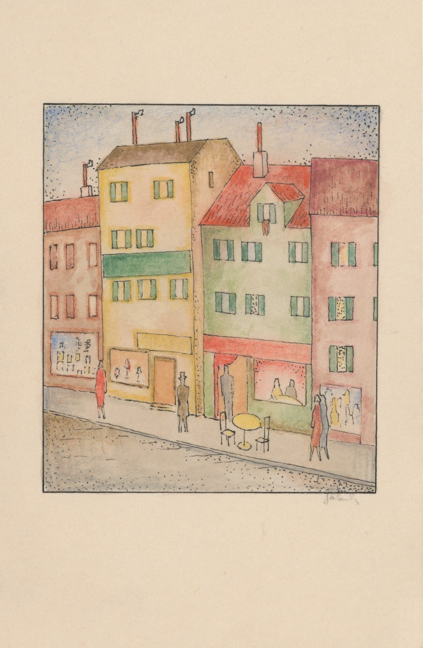 Colorful illustration of a street scene with buildings and people on a beige background